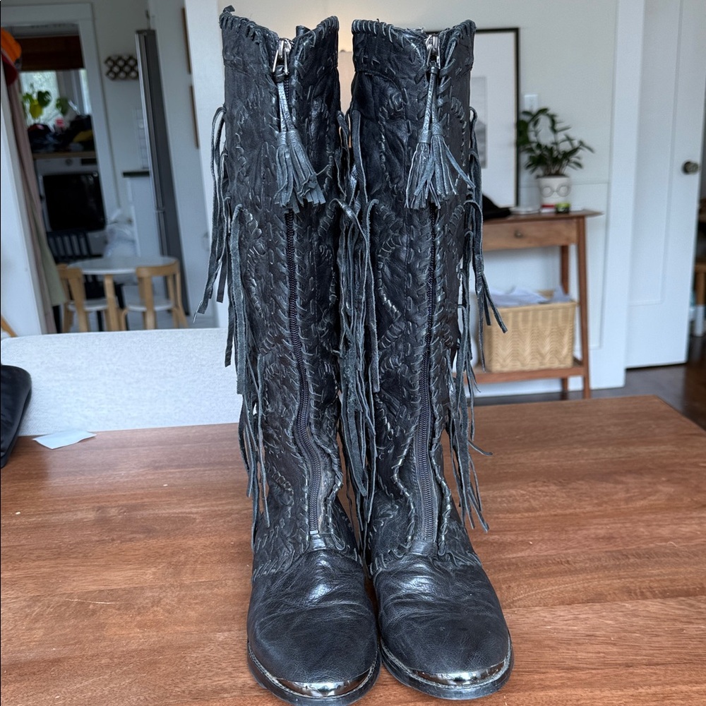 Sam Edelman Palermo Black Leather to the Knee Boots with Fringe- size 10 - Picture 4 of 7
